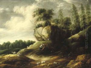 A wooded rocky landscape with a couple tending sheep by Gilles Peeters