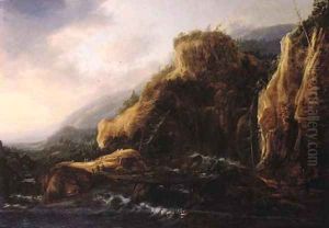 Travellers on a footbridge over a torrent in a mountainous landscape by Gilles Peeters