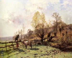 A Pastoral Scene with a Milkmaid and a Cow by Leon Germain Pelouse