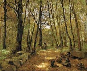 A sunlit wood by Leon Germain Pelouse