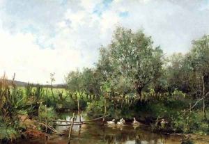 Ducks in a pond by Leon Germain Pelouse