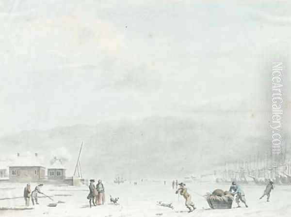 An extensive landscape with figures fishing and skating on the ice by a frozen port - view 1