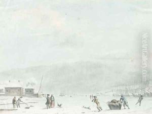 An extensive landscape with figures fishing and skating on the ice by a frozen port by Hendrik Pothoven