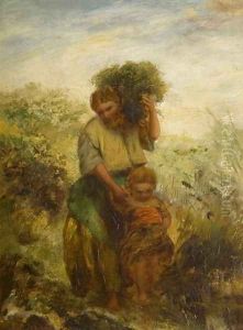 Gorse Gatherer - Child Crossing Mountain Stream by Paul Falconer Poole
