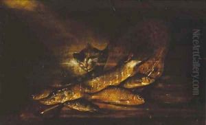 A cat with a pike, perch and other fish and a colander on a ledge by Pieter de Putter