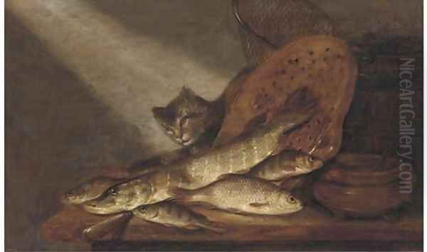 A cat, dead fish, earthenware pots and a fishing net on a table - view 1
