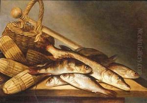 Pike, rudd and perch with fishing-nets and a basket on a wooden ledge by Pieter de Putter