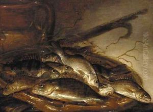 Pike and perch on an earthenware dish by Pieter de Putter