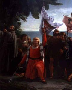 The First Disembarkation of Christopher Columbus in America, detail of Christopher Columbus 1451-1206 giving thanks, 1862