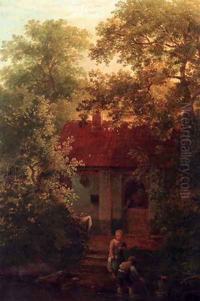 Children Playing With A Boat In A Stream, A Farmhouse Beyond - view 1
