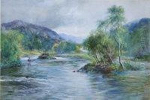 Highland Salmon River Landscape With Fishermen Highland Salmon River Landscape With Fishermen