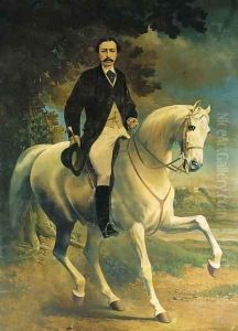 Equestrian Portrait of Henry Robert Clifton, on a grey horse, in a landscape, with Clifton Castle, Nottinghamshire, beyond