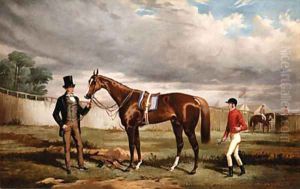 Sir Joseph Hawley's Teddington held by his Trainer Alec Taylor with the Jockey Job Marson at Epsom