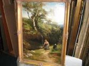 A Highland Lass And Her Collie By A Stream by John MacWhirter
