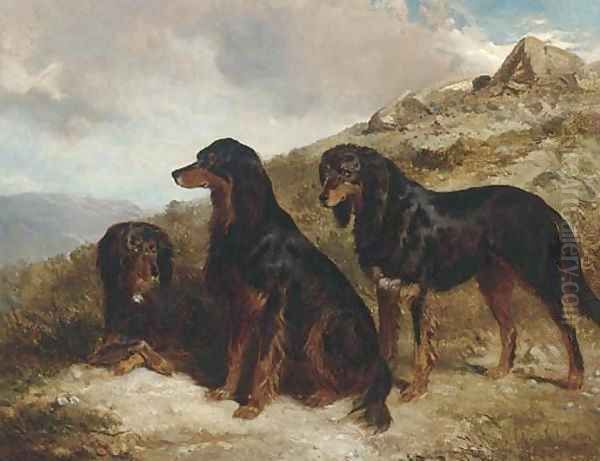 Reuben, Roland, and Rector, black and tan setters in a Highland landscape - view 1
