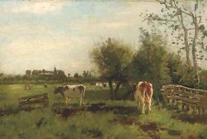 Cows in a meadow in spring, a church beyond by Geo Poggenbeek