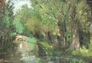 A wooded river landscape by Geo Poggenbeek