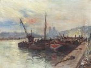 Schiffe Am Seineufer In Paris Mit Notre-dame by Gustave Madelain