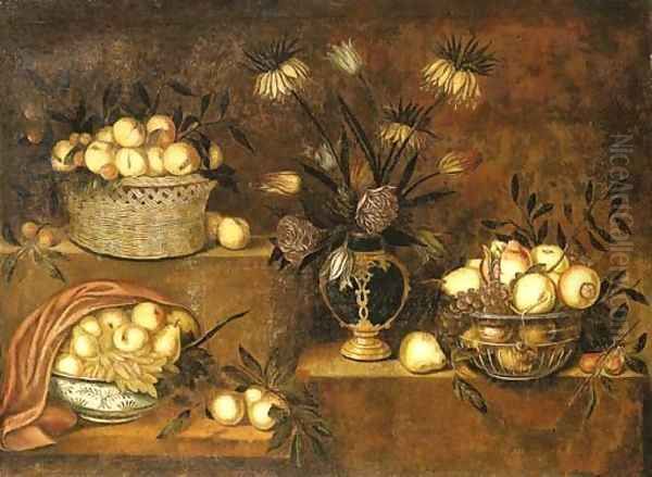 Peaches in a wicker basket, a vase of flowers and bowls with pears, grapes and pomegranates on stepped ledges by Antonio Ponce