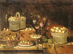 A glass bowl, a pewter plate, a tazza and wicker baskets with cherries, apples, pears, figs and other fruits, with a vase of flowers and artichokes