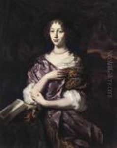 A Vanitas Portrait Of A Lady, 
Three-quarter-length, In A Gold Dressand Purple Wrap, Her Elbow Resting 
On A Skull, With An Hour-glassand An Open Book, In A Landscape