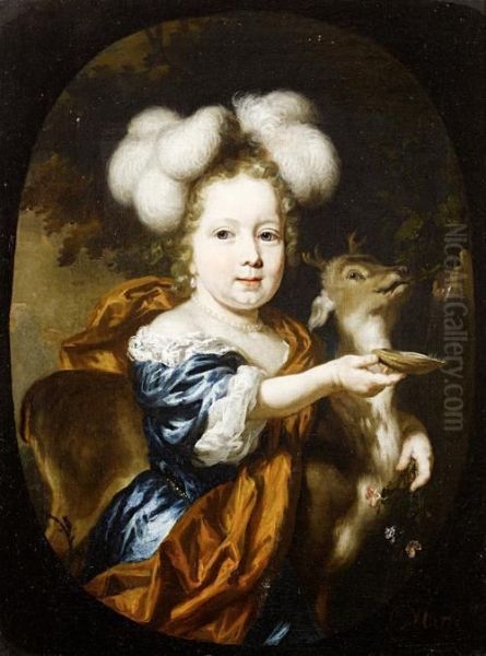 Portrait Of A Young 
Girl,three-quarter-length, In A Blue Silk Dress And Russet Shawl, Herarm
 Around A Young Deer, Holding A Sprig Of Flowers And A Shellbeneath A 
Water Fountain, Within A Painted Oval - view 1