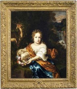 Portrait Of A Girl With A Sheep And A Deer In Front Of A Landscape With A Cascade.