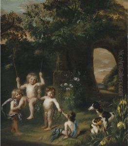 Children Playing With A Swing In A Classical Garden Setting