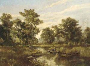 An angler on a quiet stretch of the river by Pierre Ernest Prins