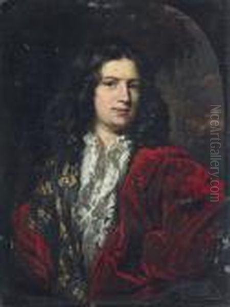 Portrait Of A Gentleman,
Half-length, In A White Shirt With A Lace Collar, A Gold-embroidered
Silk Doublet, And A Red Velvet Mantle, In A Feigned Oval - view 1
