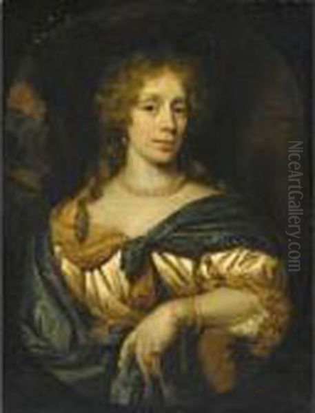 Portrait Of A Lady, Half Length,
Wearing A White And Yellow Satin Dress With A Blue Shawl And Pearl
Jewellery - view 1