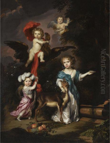 Pastoral Family Portrait Of Four
 Children, Personifying Mythological Figures, Including Ganymede, And 
Diana With A Deer, All In A Landscape - view 1