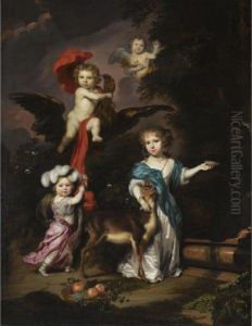 Pastoral Family Portrait Of Four
 Children, Personifying Mythological Figures, Including Ganymede, And 
Diana With A Deer, All In A Landscape