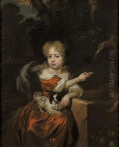 Portrait Of A Girl,
Three-quarter Length, In A Red Satin Dress By A Fountain, A Dog On Her
Lap Portrait Of A Girl,
Three-quarter Length, In A Red Satin Dress By A Fountain, A Dog On Her
Lap