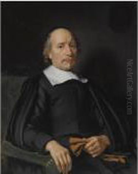 Portrait Of A Man, Seated 
Half-length, Wearing A Black Robe Witha White Flat Collar, Holding A 
Pair Of Gloves - view 1