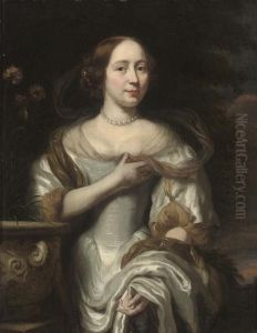 Portrait Of A Lady, 
Three-quarter-length, In An Oyster Satin Dress,by An Urn With 
Carnations, In A Landscape