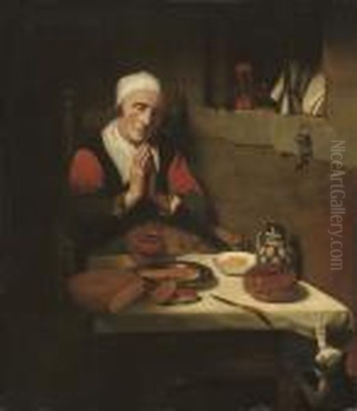 An Old Womam, Seated, In Prayer, At A Table - view 1
