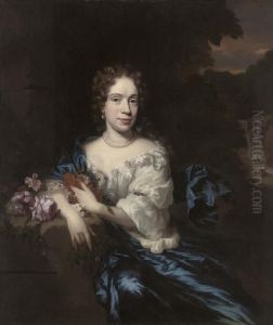 Portrait Of A Lady, 
Three-quarter-length, In Blue Classical Dress, With Roses And Marigolds 
In Her Left Hand, A Sprig Of Honeysuckle In Her Right, In A Landscape, A
 Waterfall Beyond