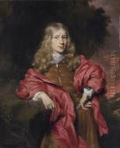 Portrait Of Gentlemen, 
Three-quarter Length, In A Brown Tunic With A Red Cloak In A Wooded 
Landscape, At Sunset by Nicolaes Maes
