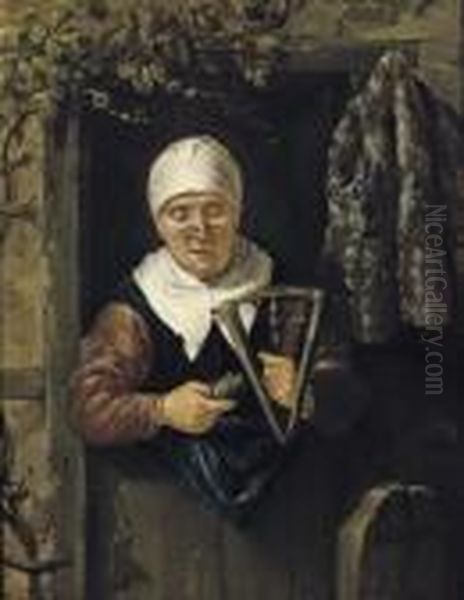 An Old Woman Standing In A Doorway Spinning - view 1