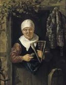 An Old Woman Standing In A Doorway Spinning
