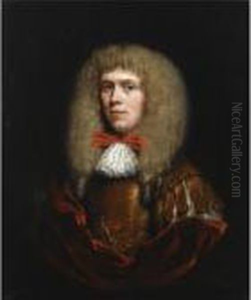 A Portrait Of A Gentleman,
Wearing A Gold Coat, With A White Chemise And A Red Bow, With A Red
Cloak, In A Painted Oval - view 1