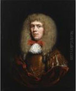 A Portrait Of A Gentleman, 
Wearing A Gold Coat, With A White Chemise And A Red Bow, With A Red 
Cloak, In A Painted Oval by Nicolaes Maes