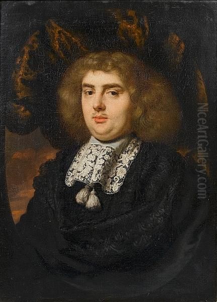 Portrait Of A Gentleman, 
Bust-length, In Black Costume With A White Lace Collar, In A Painted 
Oval - view 1
