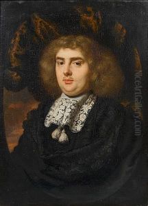 Portrait Of A Gentleman,
Bust-length, In Black Costume With A White Lace Collar, In A Painted
Oval by Nicolaes Maes