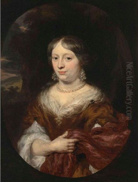 A Portrait Of A Lady, Half
Length, Wearing An Orange And White Dress With A Red Shawl, And
Elaborate Pearl Earrings And Necklace, Within A Painted Oval - view 1