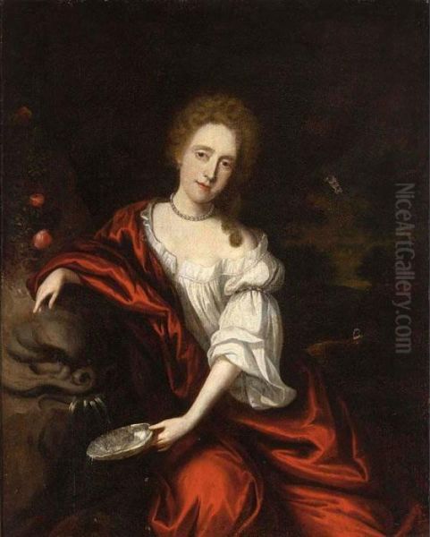 An Elegant Lady Near A Fountain,
Seated Three-quarter Length, Wearing A White Blouse, Red Satin Shawl
And A Pearl Necklace - view 1
