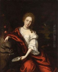 An Elegant Lady Near A Fountain,
 Seated Three-quarter Length, Wearing A White Blouse, Red Satin Shawl 
And A Pearl Necklace