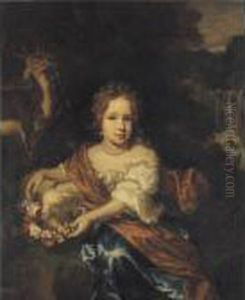 Young Girl Holding A Garland Of Flowers by Nicolaes Maes