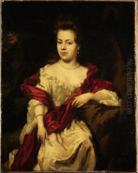 Portrait Of A Lady, Three-quarter Length, Wearing A White Silk Dress With A Red Wrap - view 1